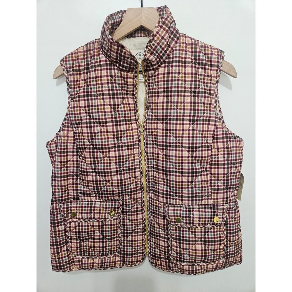 St Johns Bay Women Large Quilted Vest Neutral Check Plaid‎ Full Zip Pockets NWT